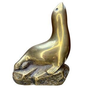 Vintage MCM Solid Brass Seal on Rock Seaside Sea Lion Marine Life Ocean Unique